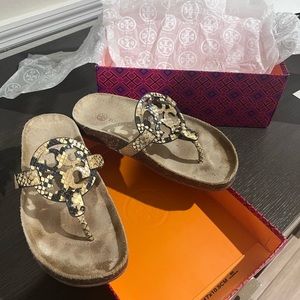 Tory Burch Miller Cloud Stamped Snake printed leather sandals Size 5